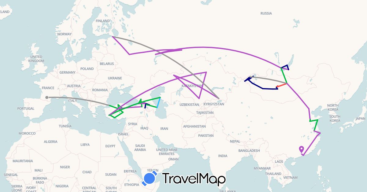 TravelMap itinerary: driving, bus, plane, train, hiking, boat in Armenia, Azerbaijan, China, France, Georgia, Kazakhstan, Mongolia, Russia, Turkey (Asia, Europe)